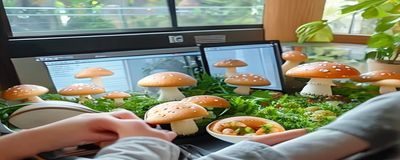 学生在宿舍用电脑观看蘑菇视频美食教程，跟着视频学做饭，桌面整洁明亮